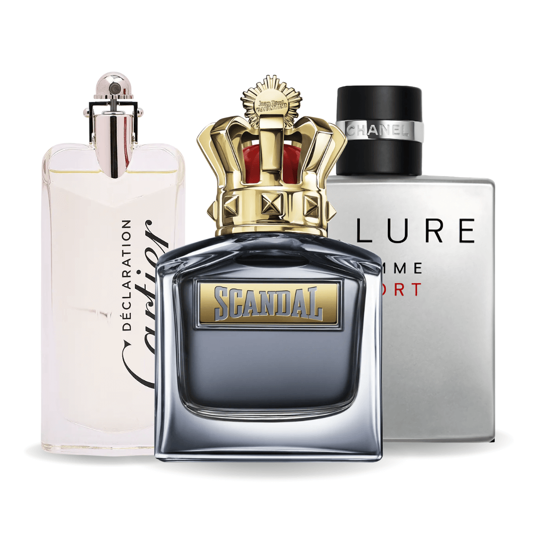 Промоционално комбо от 3 парфюма: Allure Homme Sports, Jean Paul Gaultier Scandal и Cartier Declaration, по 100 мл всеки.