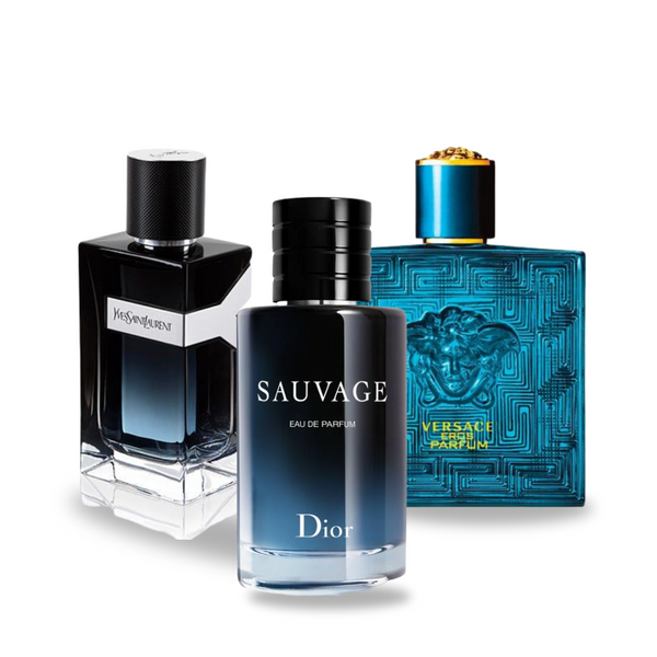 Промоционално комбо от 3 парфюма: Dior SAUVAGE, Yves Saint Laurent Y MEN и Versace EROS, по 100 мл всеки.