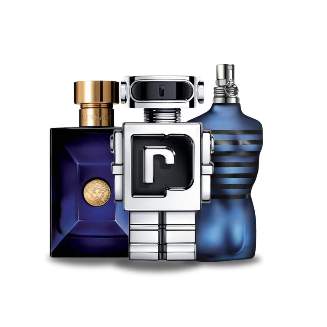 Комбо от 3 парфюма: Versace DYLAN BLUE, Paco Rabanne PHANTOM и Jean Paul Gaultier ULTRA MALE, по 100 мл всеки.